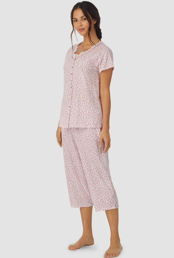 Coral and Lilac Ditsy Floral Short Sleeve Capri PJ Set - Aria Sleepwear