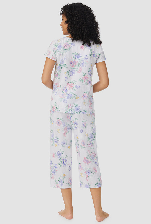 White and Magenta Floral Short Sleeve Capri Pant PJ Set - Aria Sleepwear