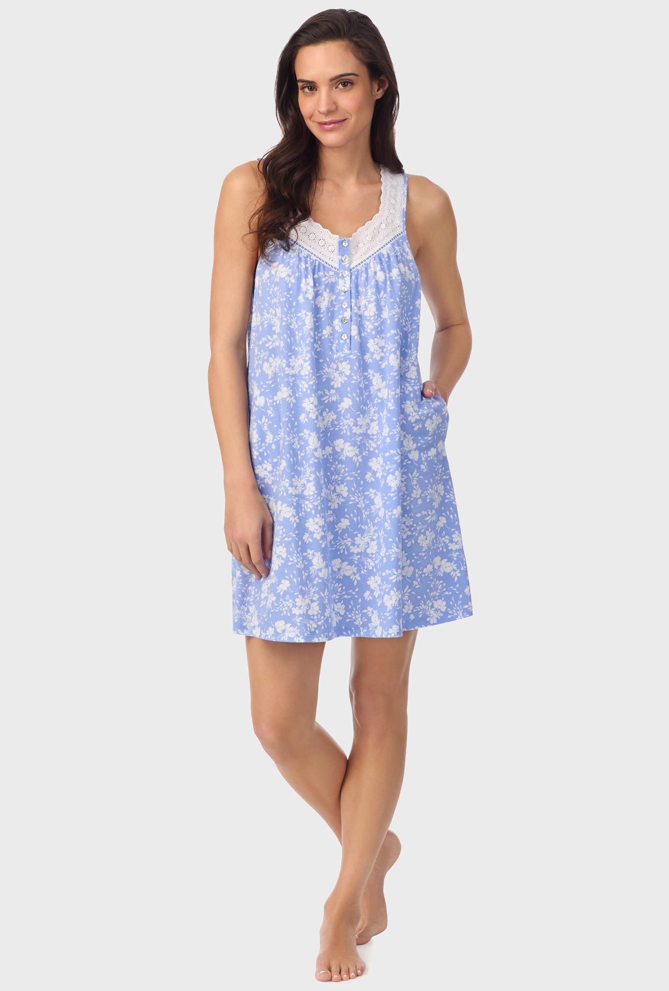 A lady wearing blue sleeveless Floral Sleeveless Chemise with Powder Blue print