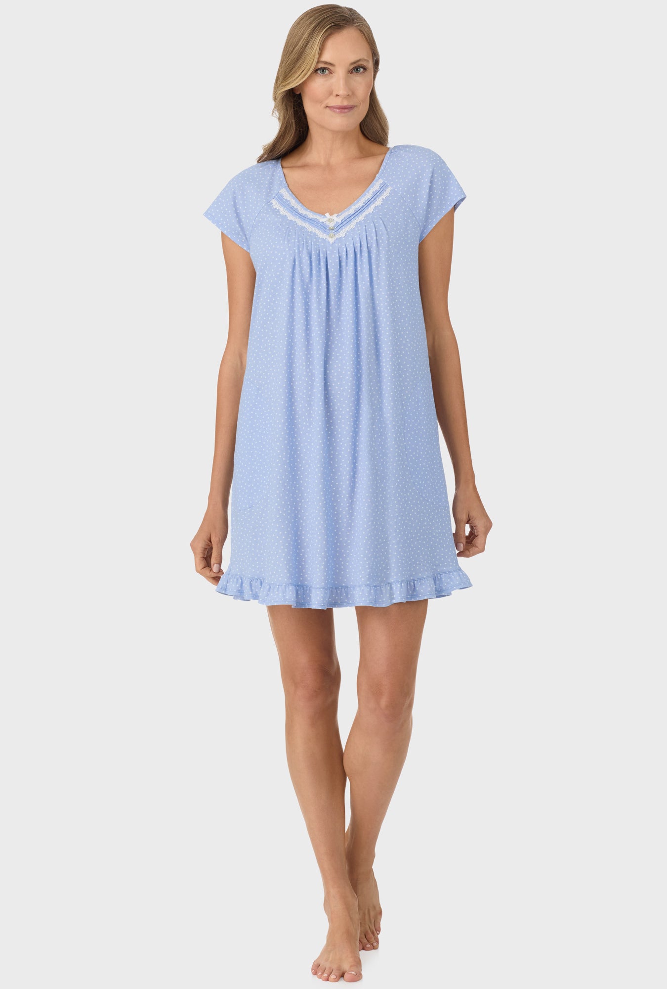 A lady wearing Sky Blue Dot Cap Sleeve Nightgown