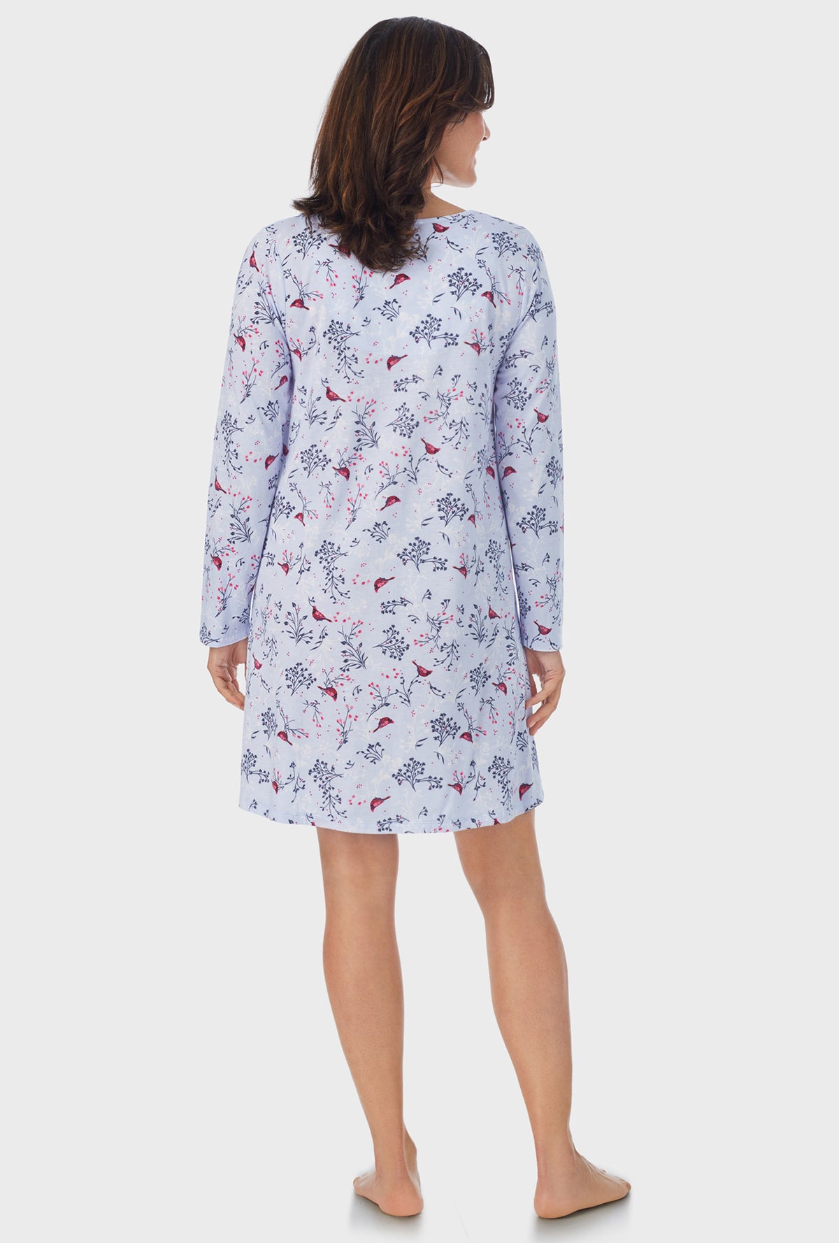 A lady wearing white Long Sleeve Nightgown with Winter Winter Blue print