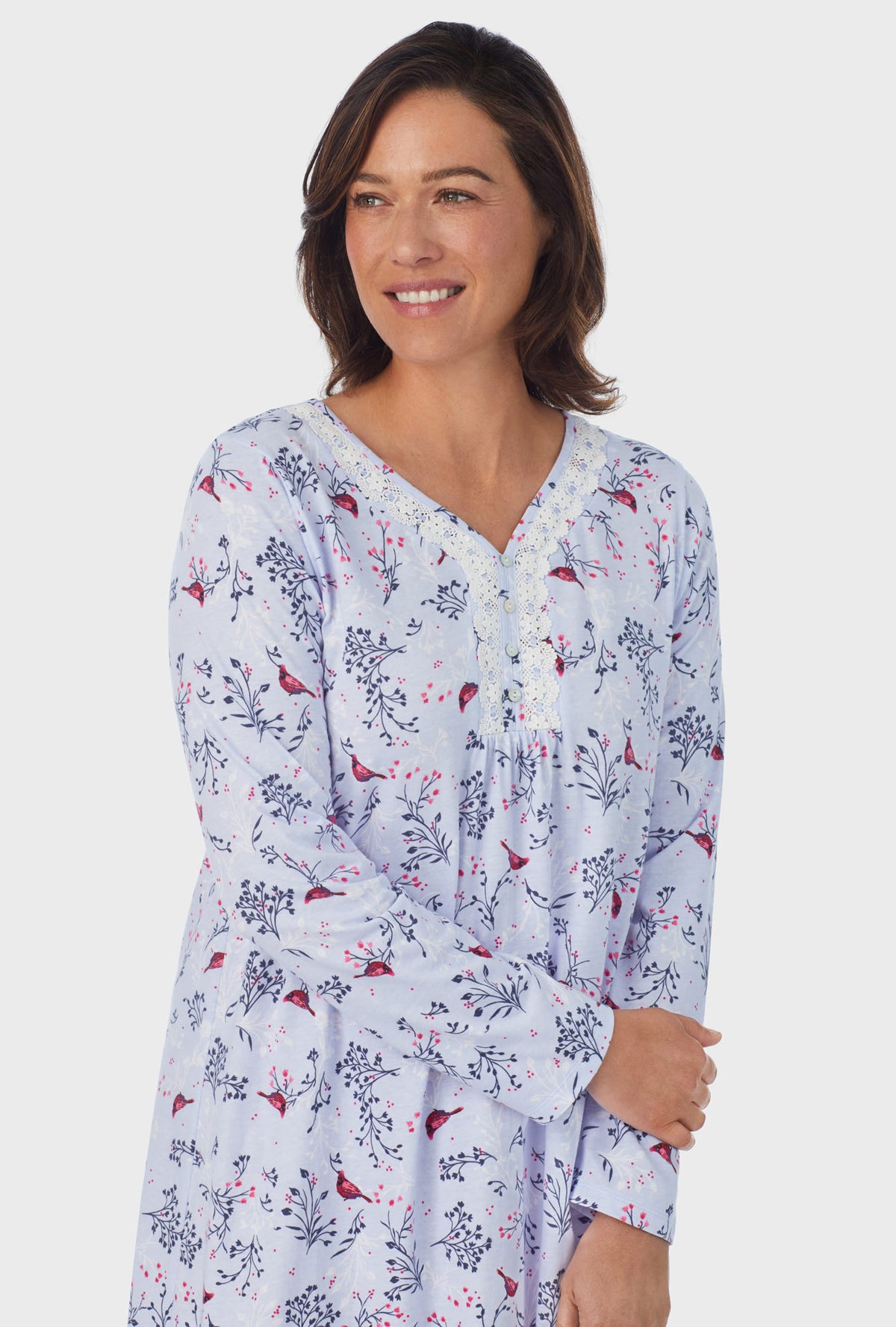 A lady wearing white Long Sleeve Nightgown with Winter Blue print