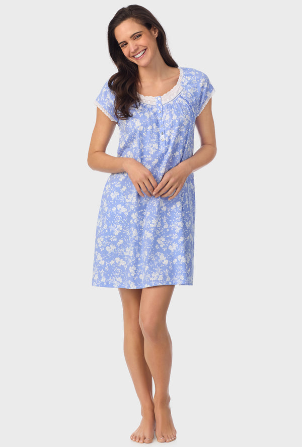 Powder Blue Floral Cap Sleeve Nightshirt - Aria Sleepwear