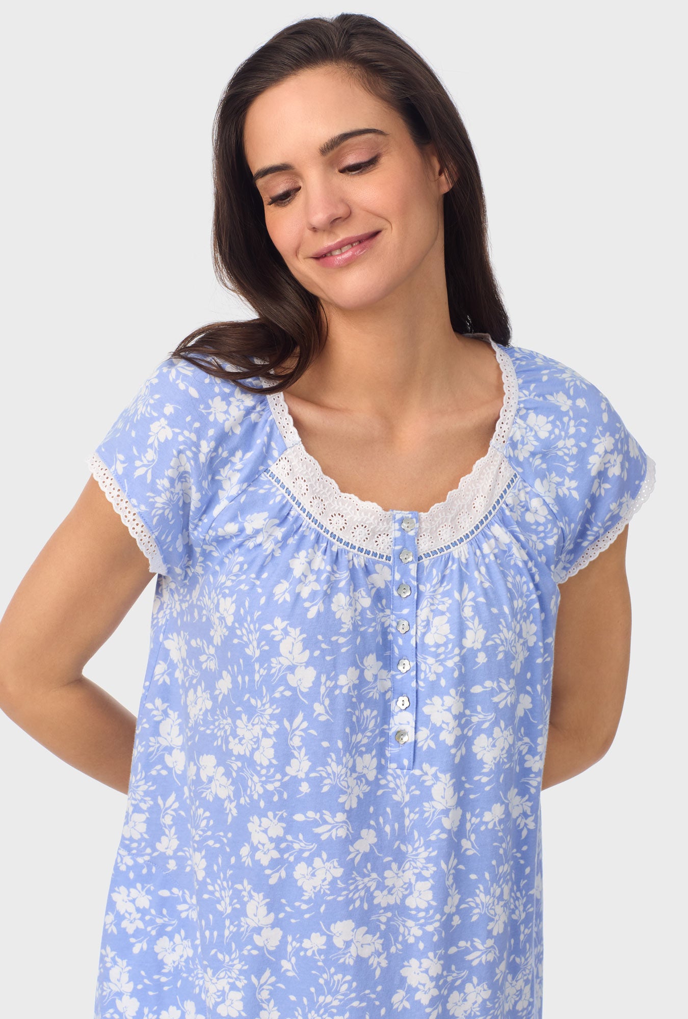 A lady wearing blue short Sleeve Floral Cap Sleeve Nightshirt  with Powder Blue print