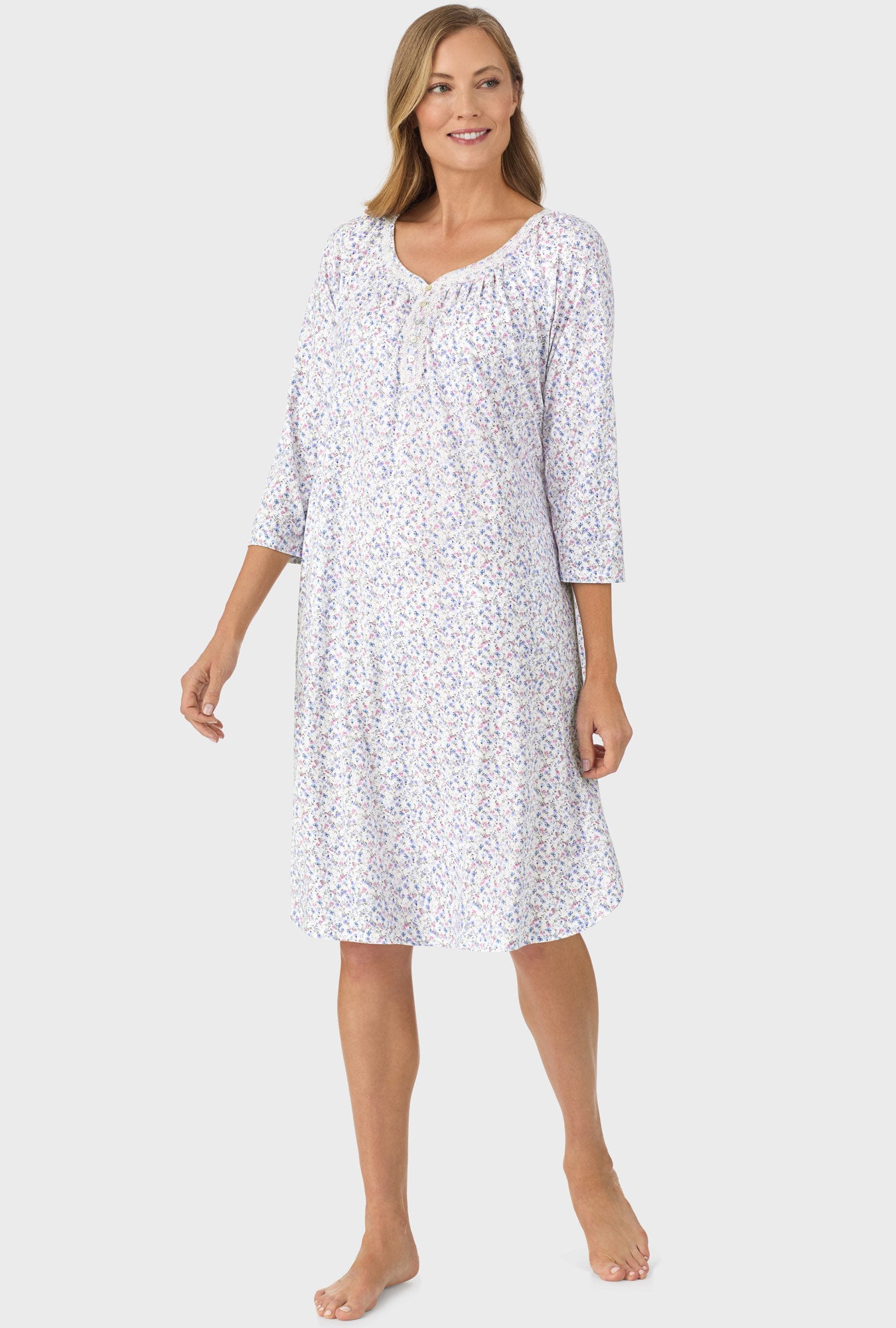 A lady wearing Blue and Blush Pink Ditsy  3/4 Sleeve Nightgown