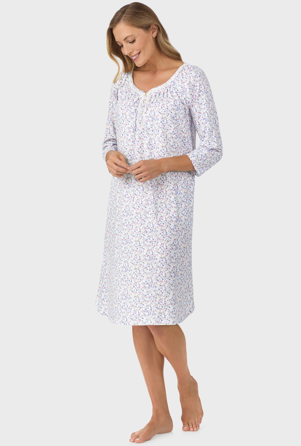 A lady wearing Blue and Blush Pink Ditsy  3/4 Sleeve Nightgown