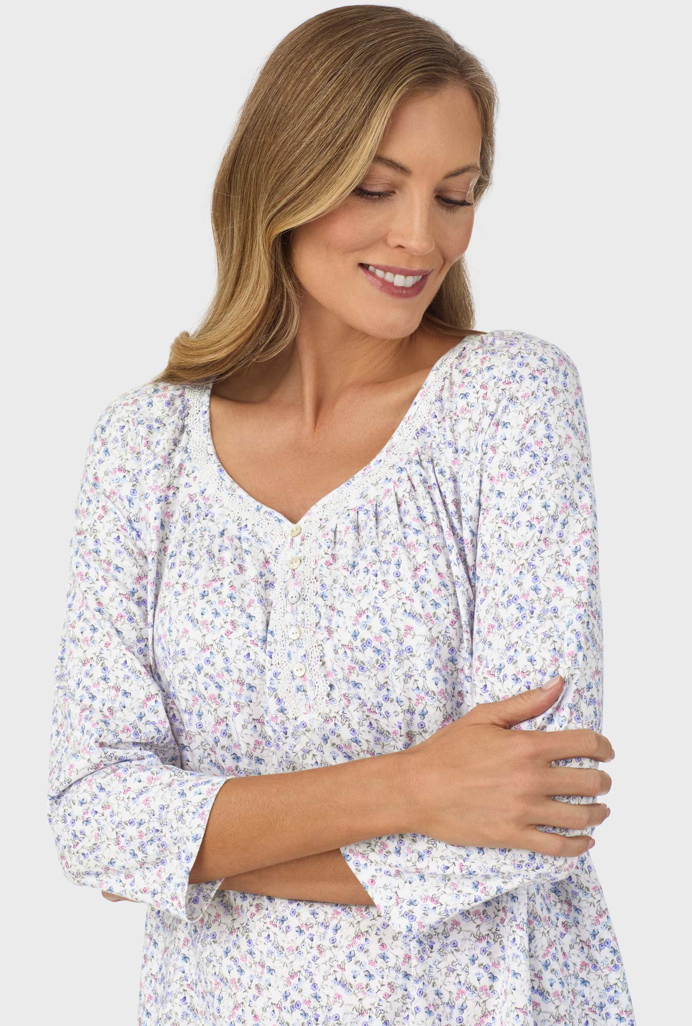 A lady wearing Blue and Blush Pink Ditsy  3/4 Sleeve Nightgown