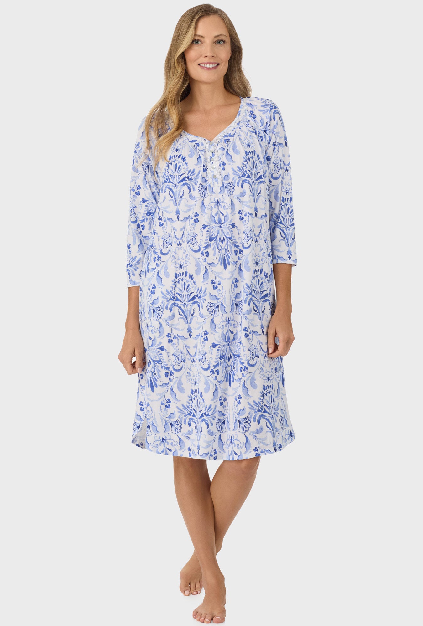 A lady wearing Blue Damask 3/4 Sleeve Nightgown