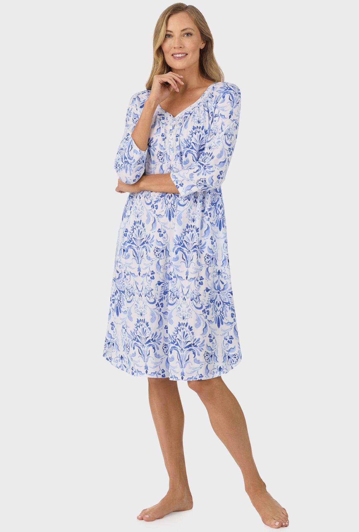 A lady wearing Blue Damask 3/4 Sleeve Nightgown