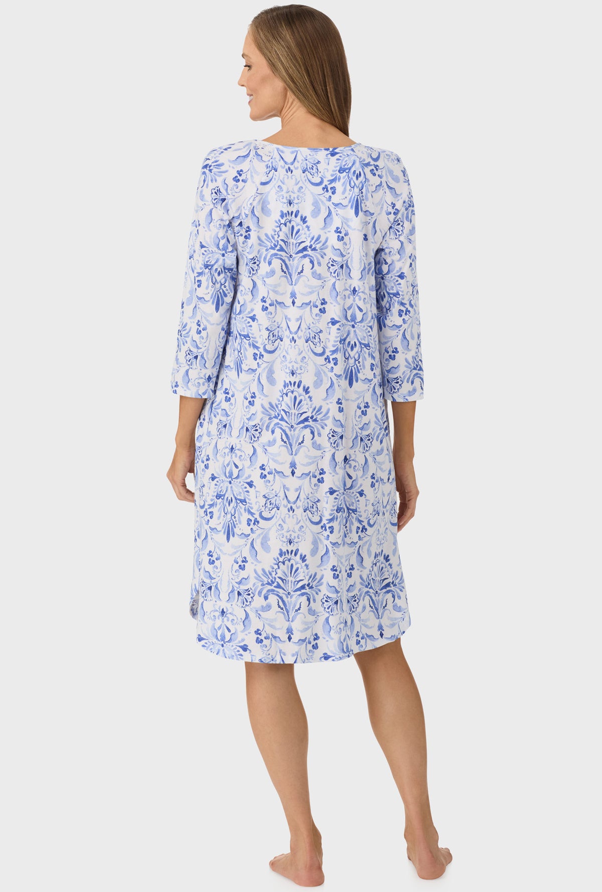 A lady wearing Blue Damask 3/4 Sleeve Nightgown