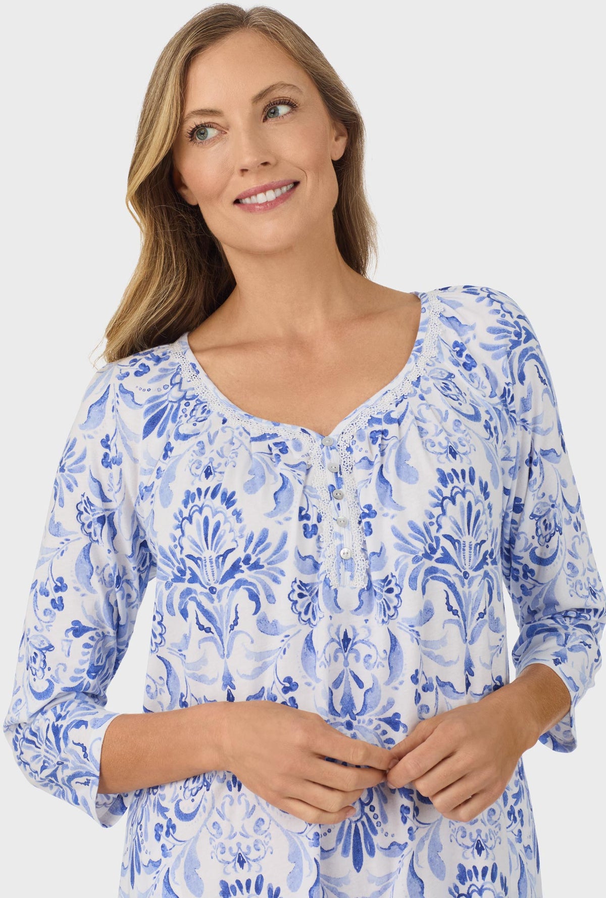 A lady wearing Blue Damask 3/4 Sleeve Nightgown