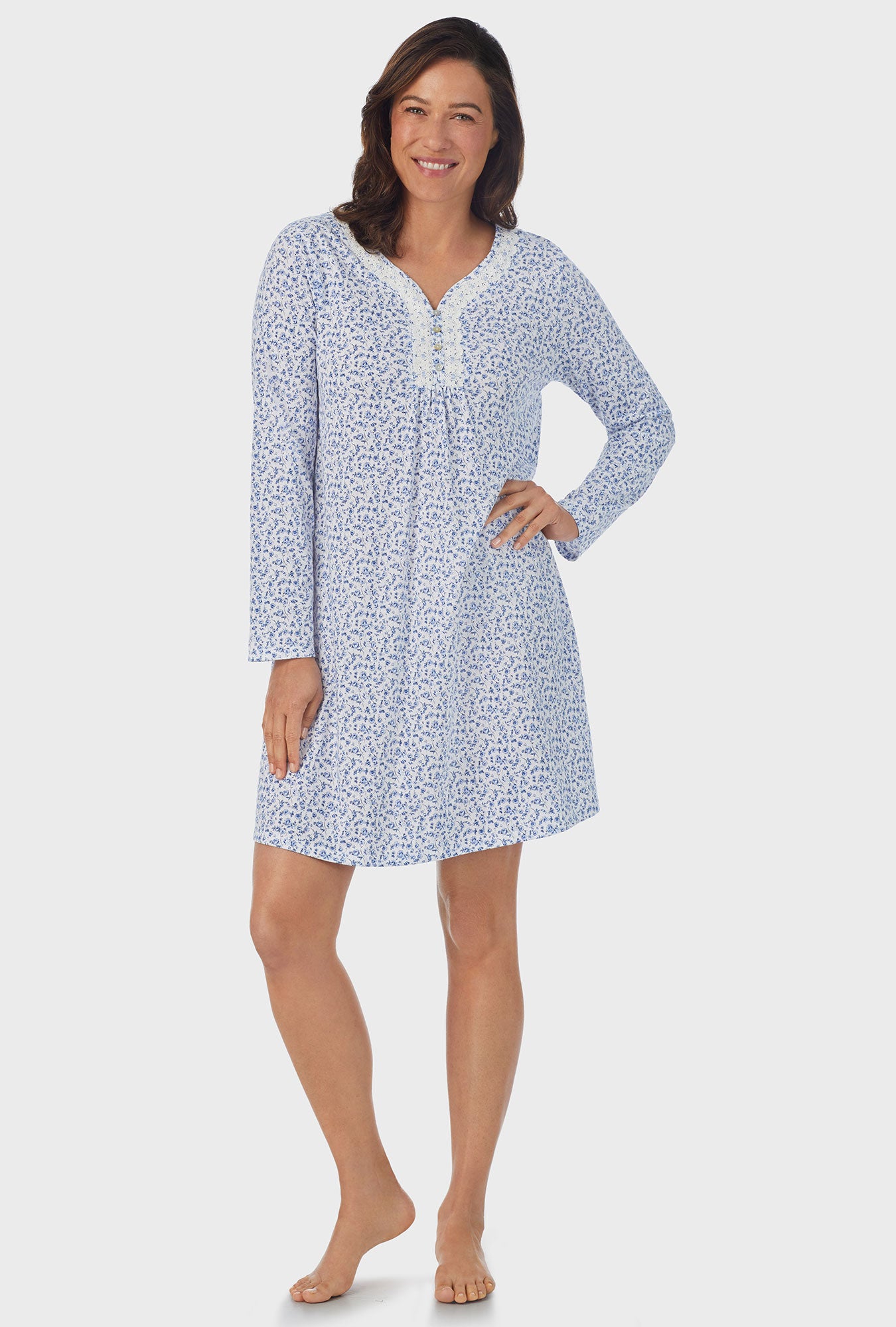 A lady wearing white Long Sleeve Nightgown with Dusty Blue  print