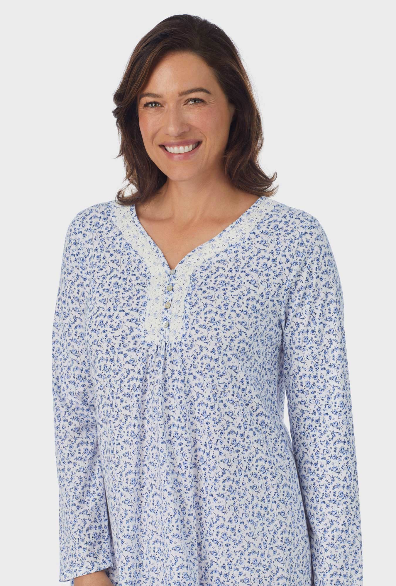 A lady wearing white Long Sleeve Nightgown with Dusty Blue  print