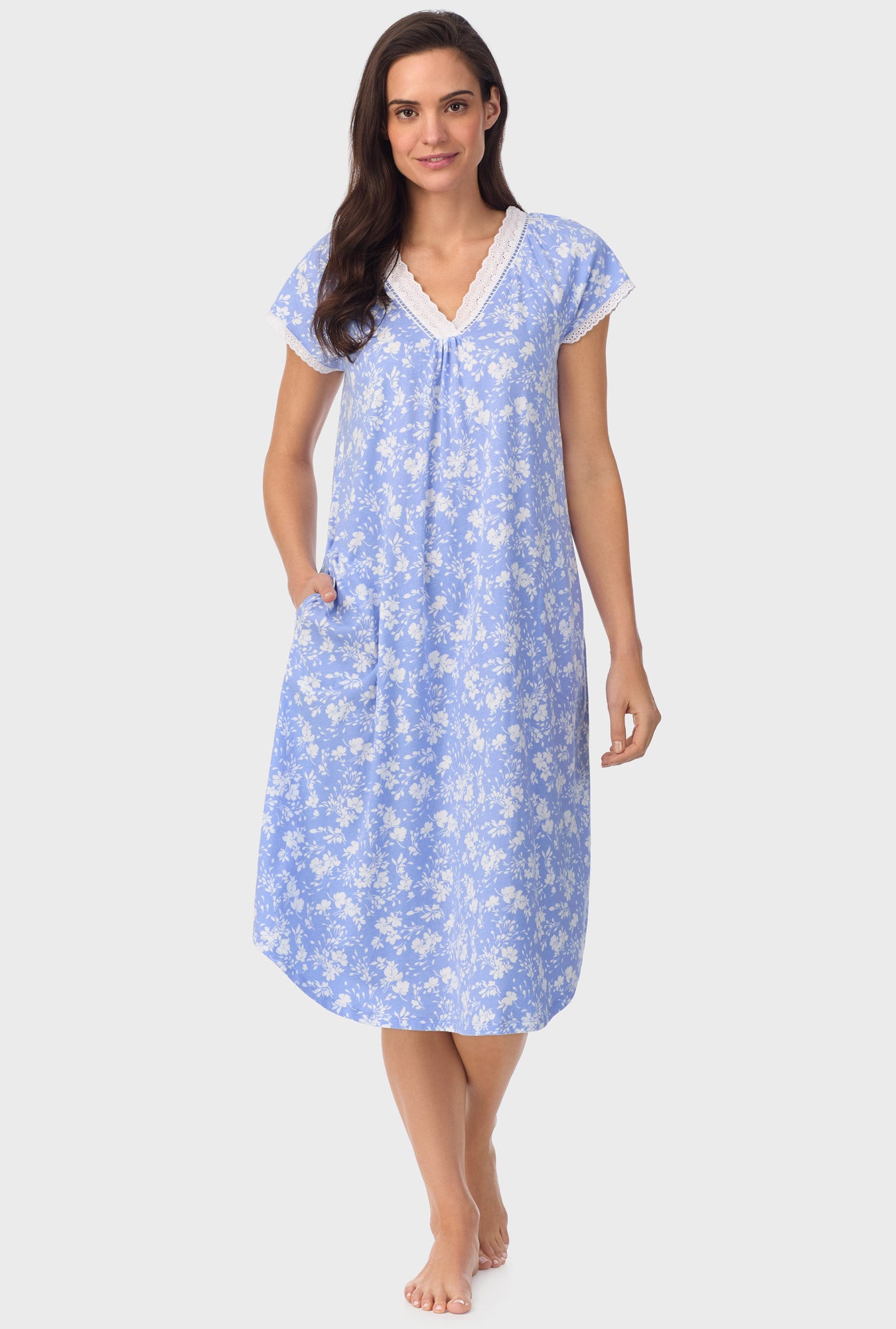 A lady wearing blue short Sleeve Floral Cap Sleeve Nightgown  with Powder Blue print