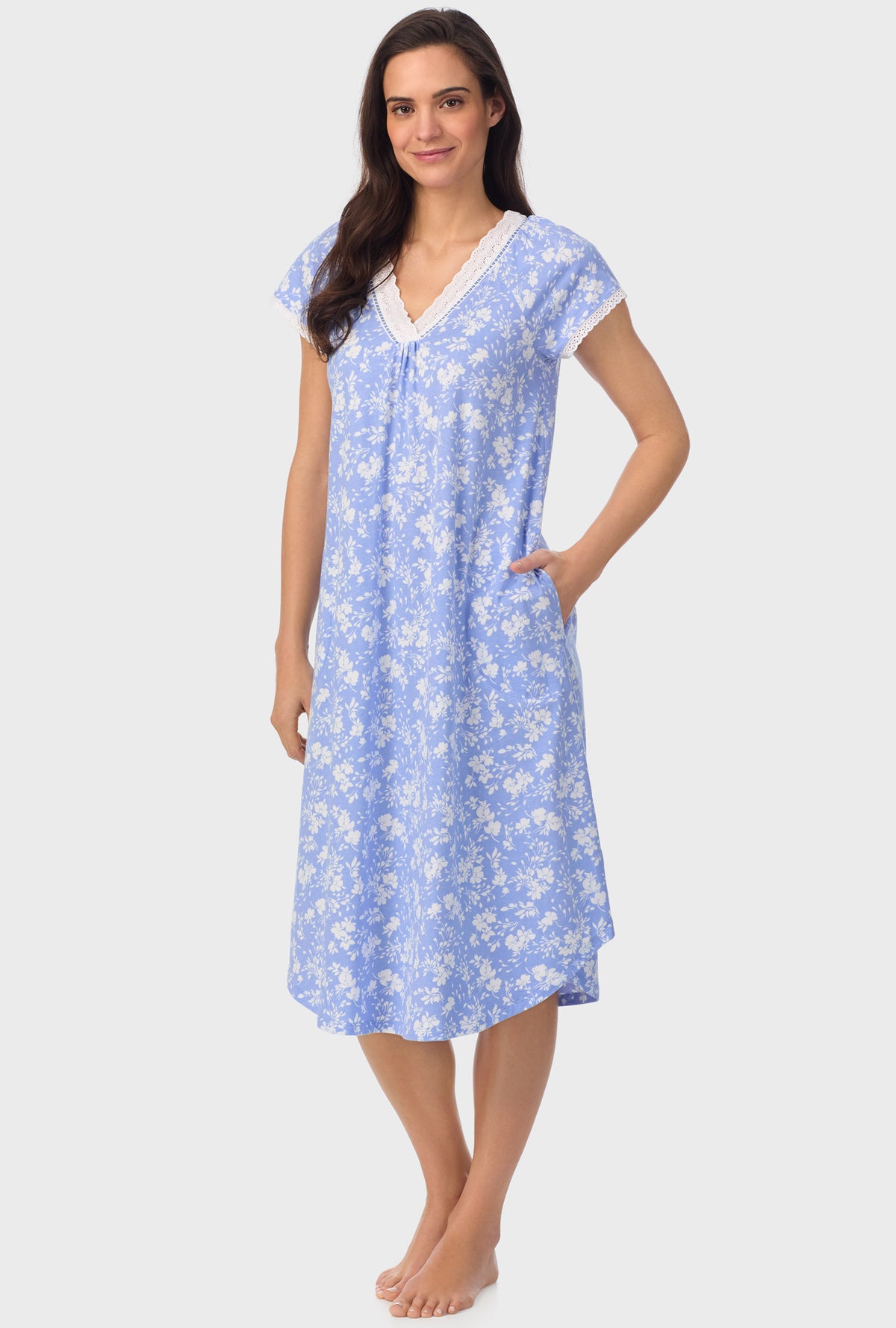 A lady wearing blue short Sleeve Floral Cap Sleeve Nightgown  with Powder Blue print