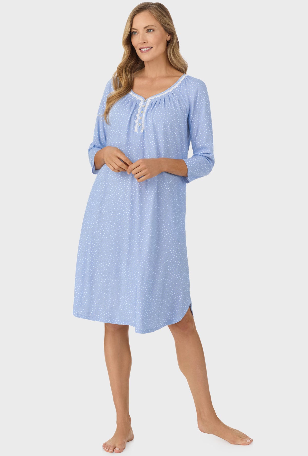 A lady wearing Sky Blue Dot 3/4 Sleeve Long Pant PJ Set