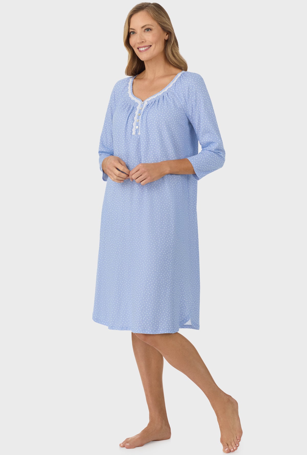 A lady wearing Sky Blue Dot 3/4 Sleeve Long Pant PJ Set