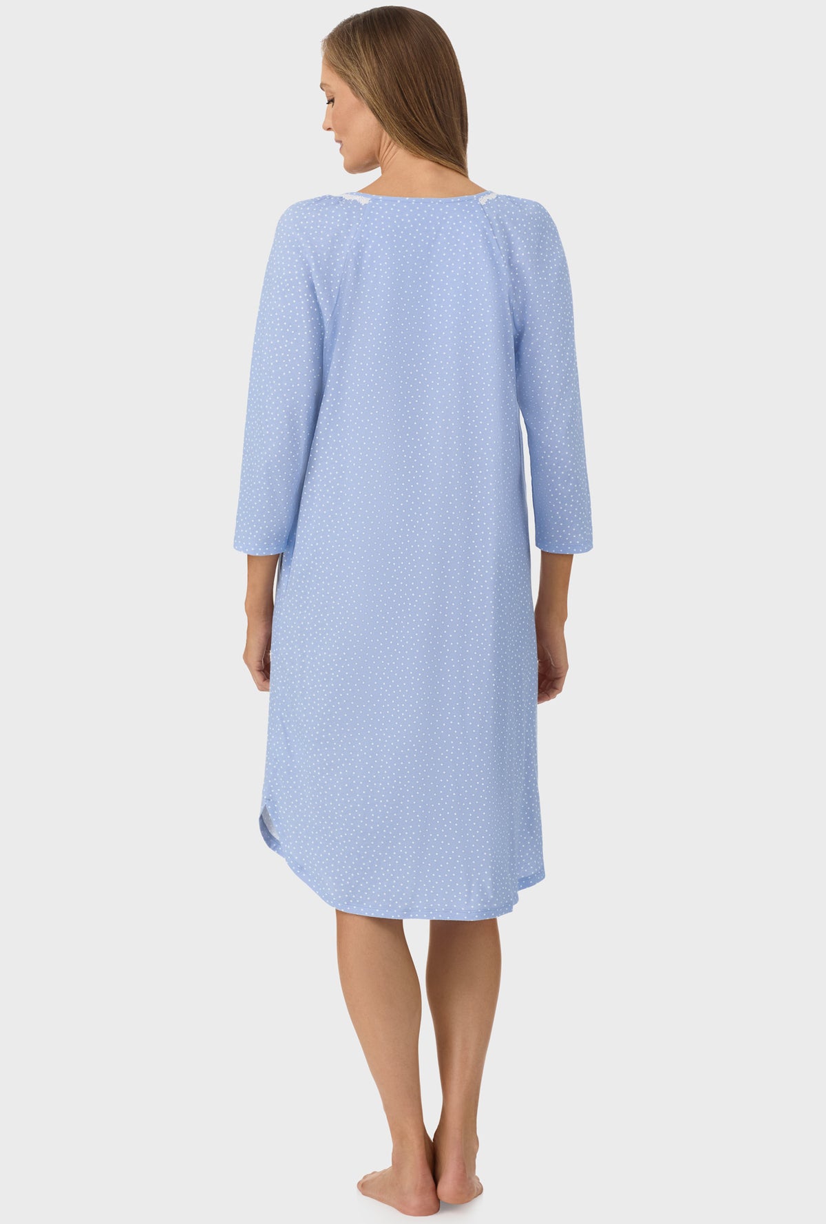 A lady wearing Sky Blue Dot 3/4 Sleeve Long Pant PJ Set