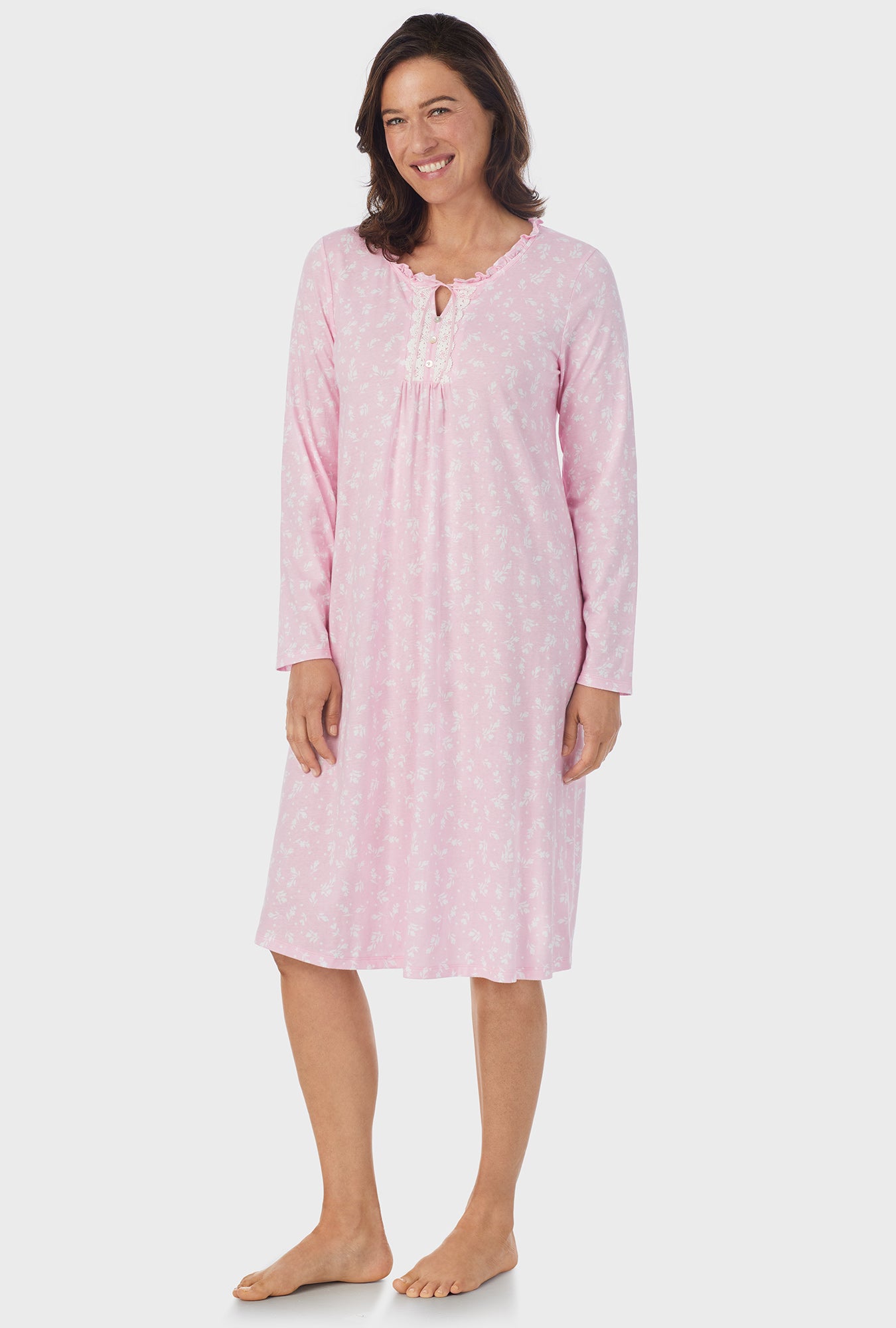 A lady wearing pink Long Sleeve Midi Nightgown with White Rosebuds  print