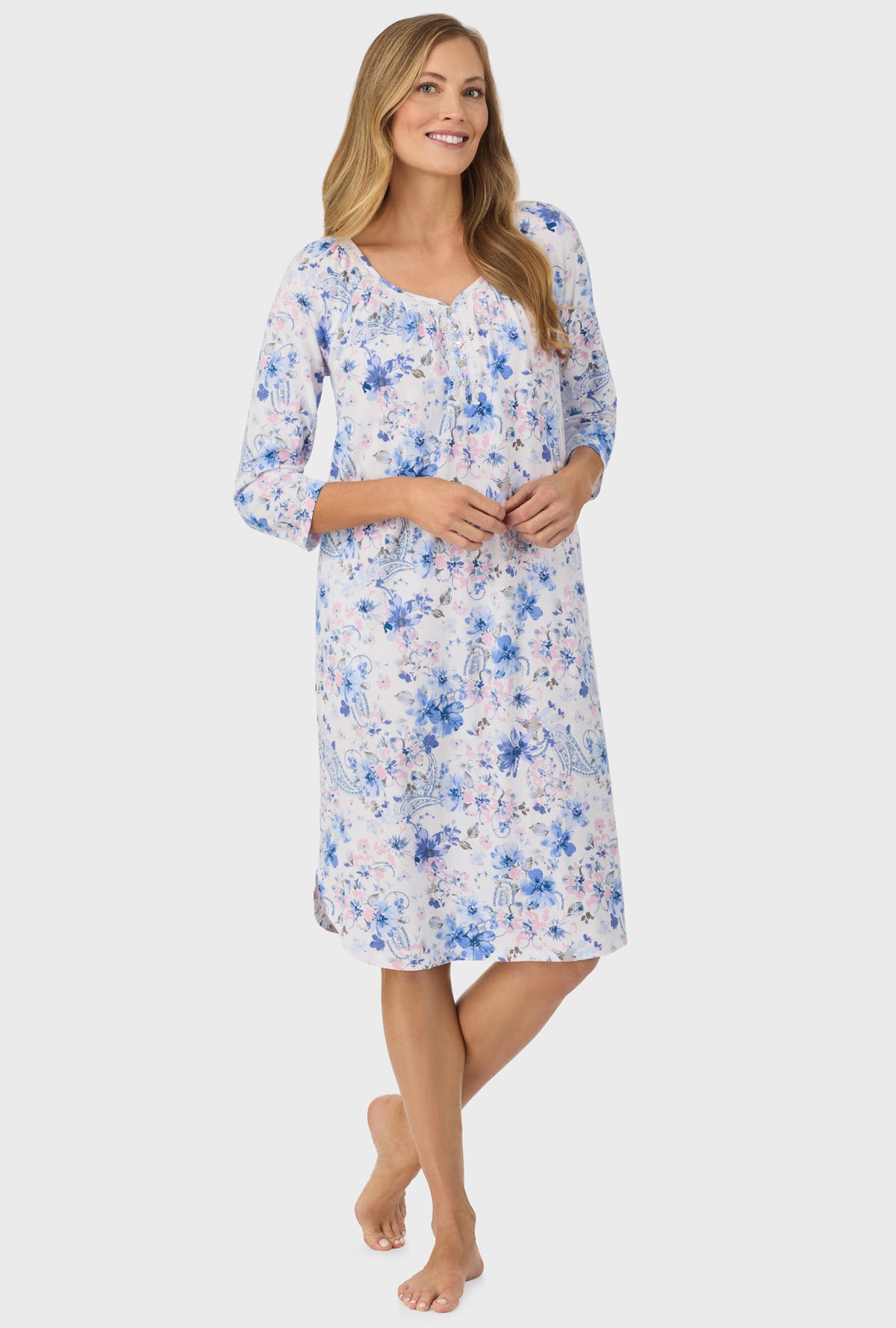 A lady wearing Blue and Blush Pink Paisley Floral 3/4 Sleeve Nightgown