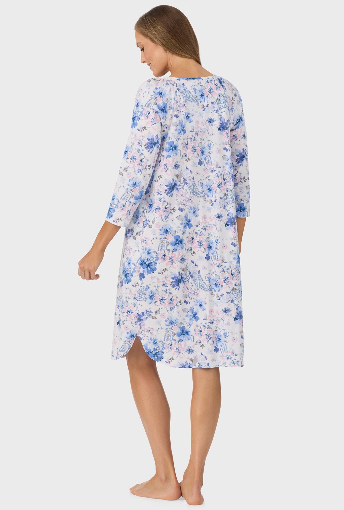 A lady wearing Blue and Blush Pink Paisley Floral 3/4 Sleeve Nightgown