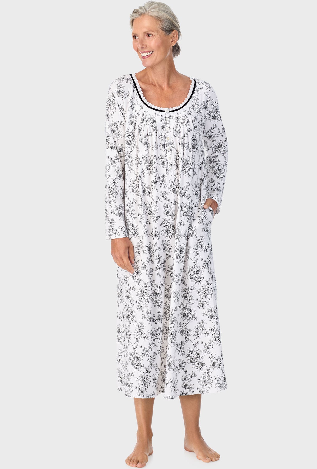 A lady wearing Ivory Floral Long Sleeve Nightgown