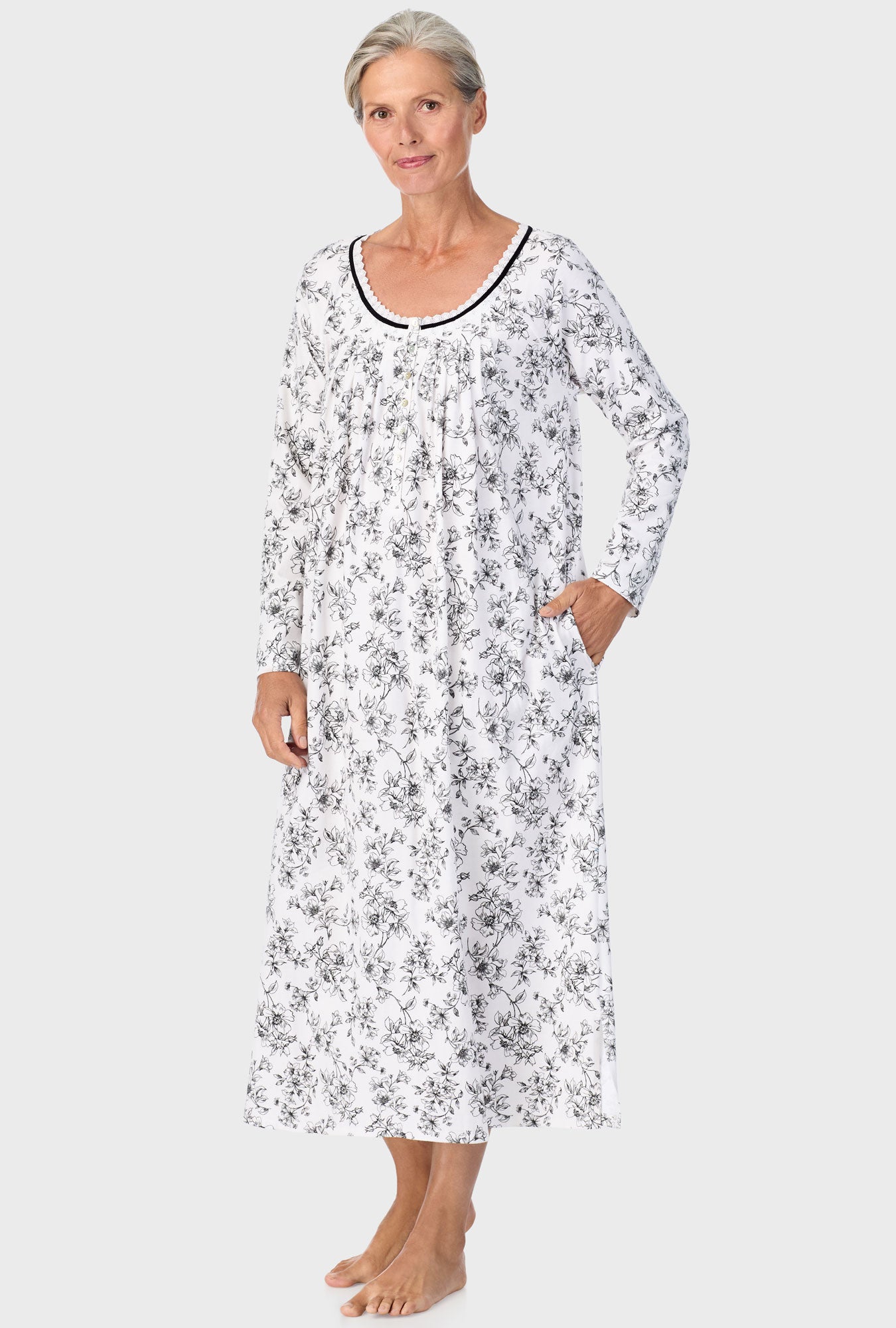 A lady wearing Ivory Floral Long Sleeve Nightgown