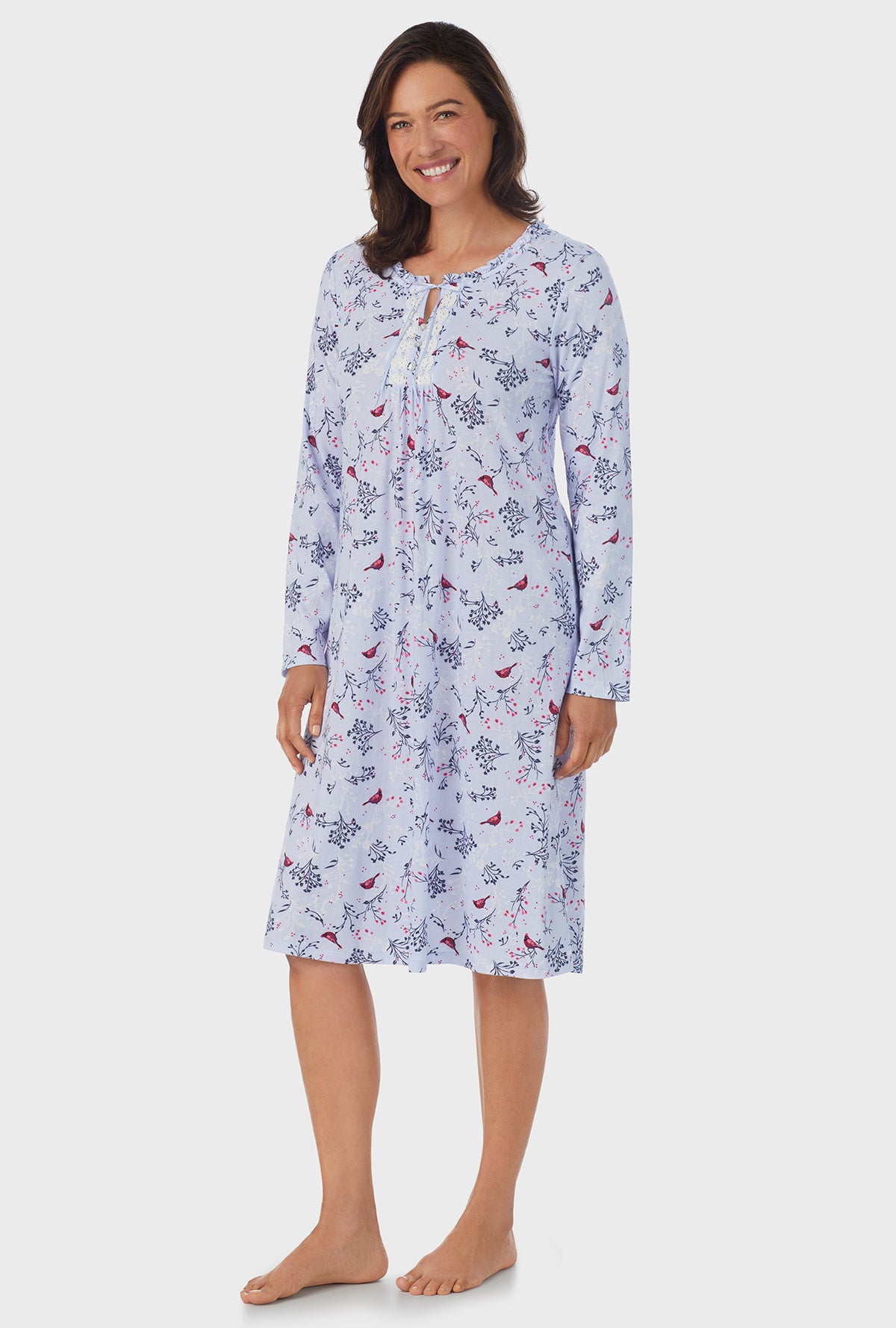 A lady wearing white Long Sleeve Midi Nightgown with Winter Blue Cardinal  print