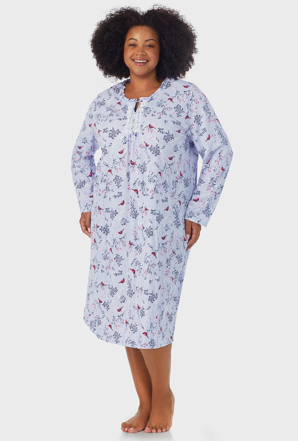 A lady wearing white Long Sleeve Midi plus size Nightgown with Winter Blue Cardinal print