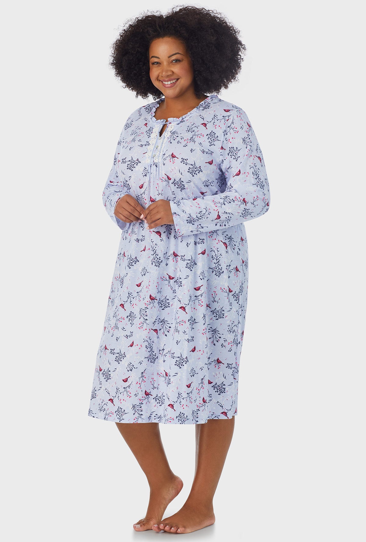 A lady wearing white Long Sleeve Midi plus size Nightgown with Winter Blue Cardinal print