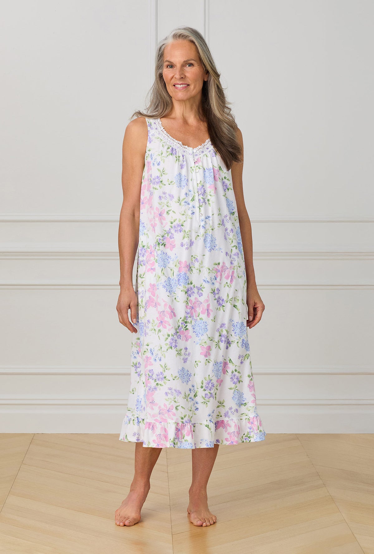 A lady wearing purple sleeveless ballet nightgown  Lilac and Periwinkle Garden Floral