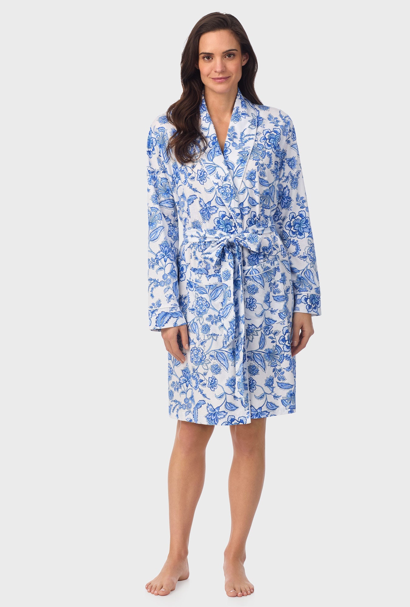 A lady wearing blue long Sleeve Floral Vine Wrap Robe with Colbalt Blue print