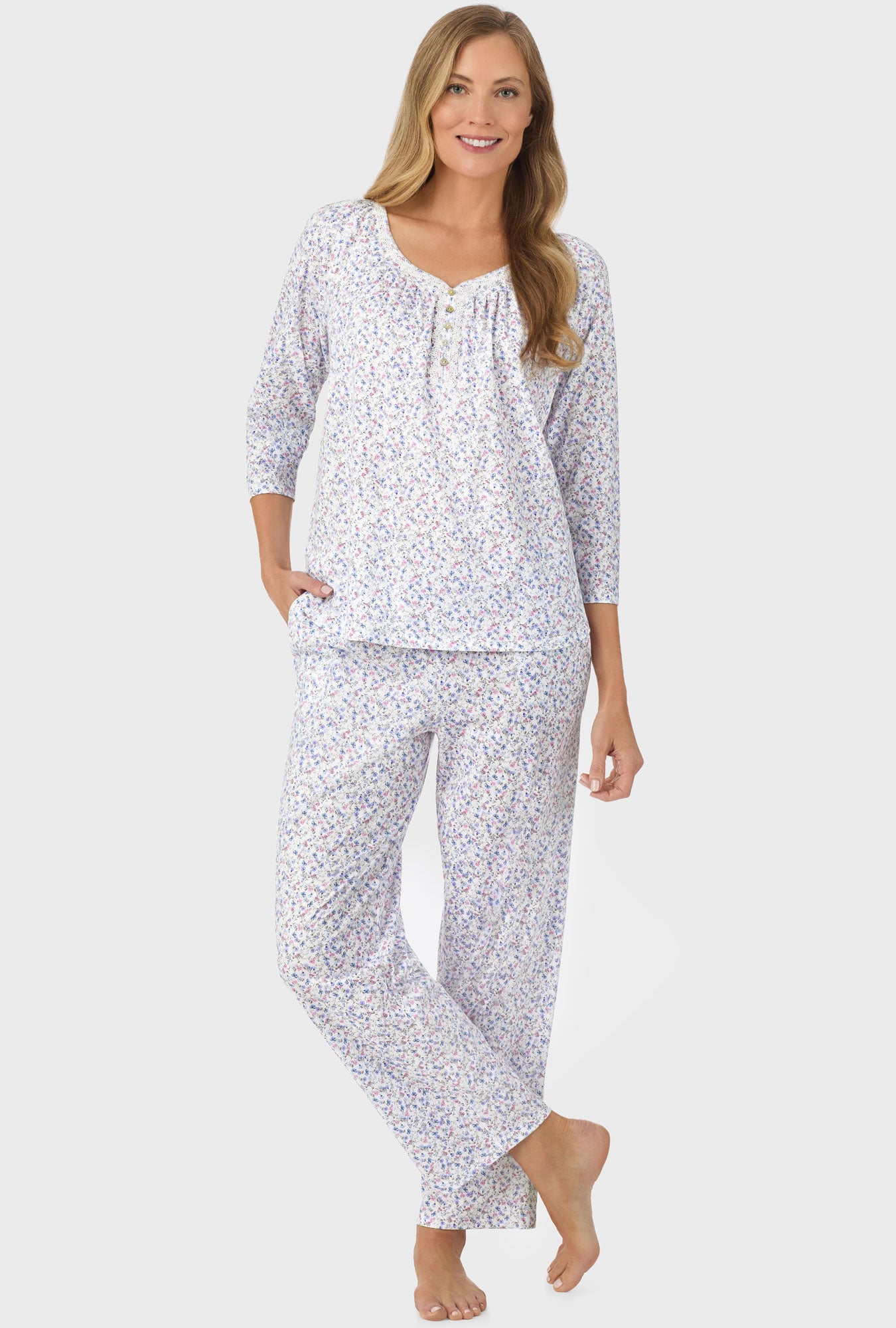 A lady wearing Blue and Blush Pink Ditsy 3/4 Sleeve Long Pant PJ Set