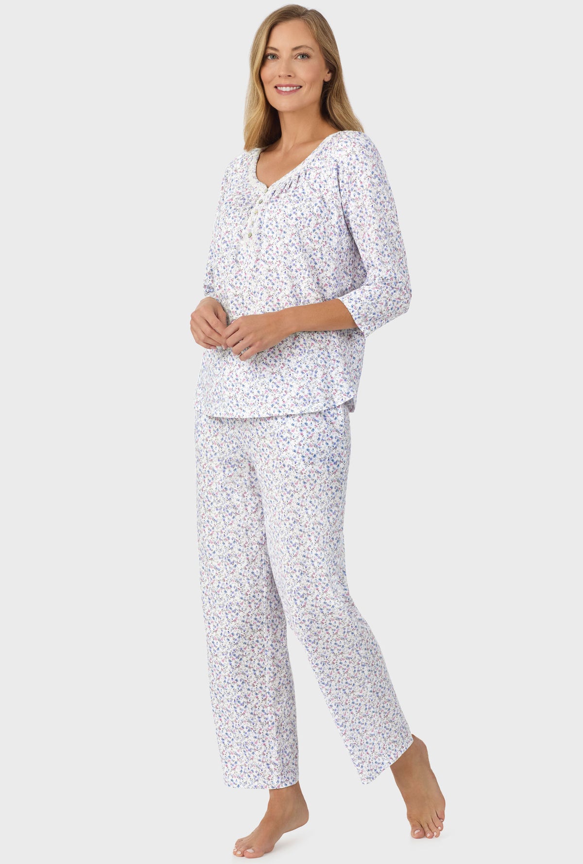 A lady wearing Blue and Blush Pink Ditsy 3/4 Sleeve Long Pant PJ Set