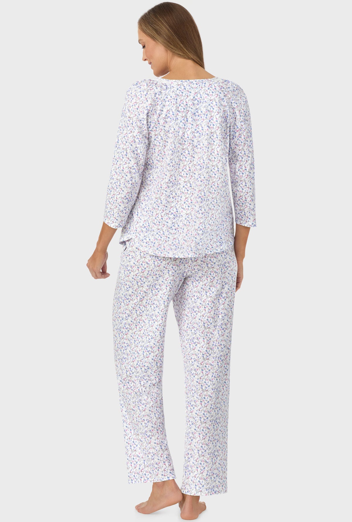 A lady wearing Blue and Blush Pink Ditsy 3/4 Sleeve Long Pant PJ Set