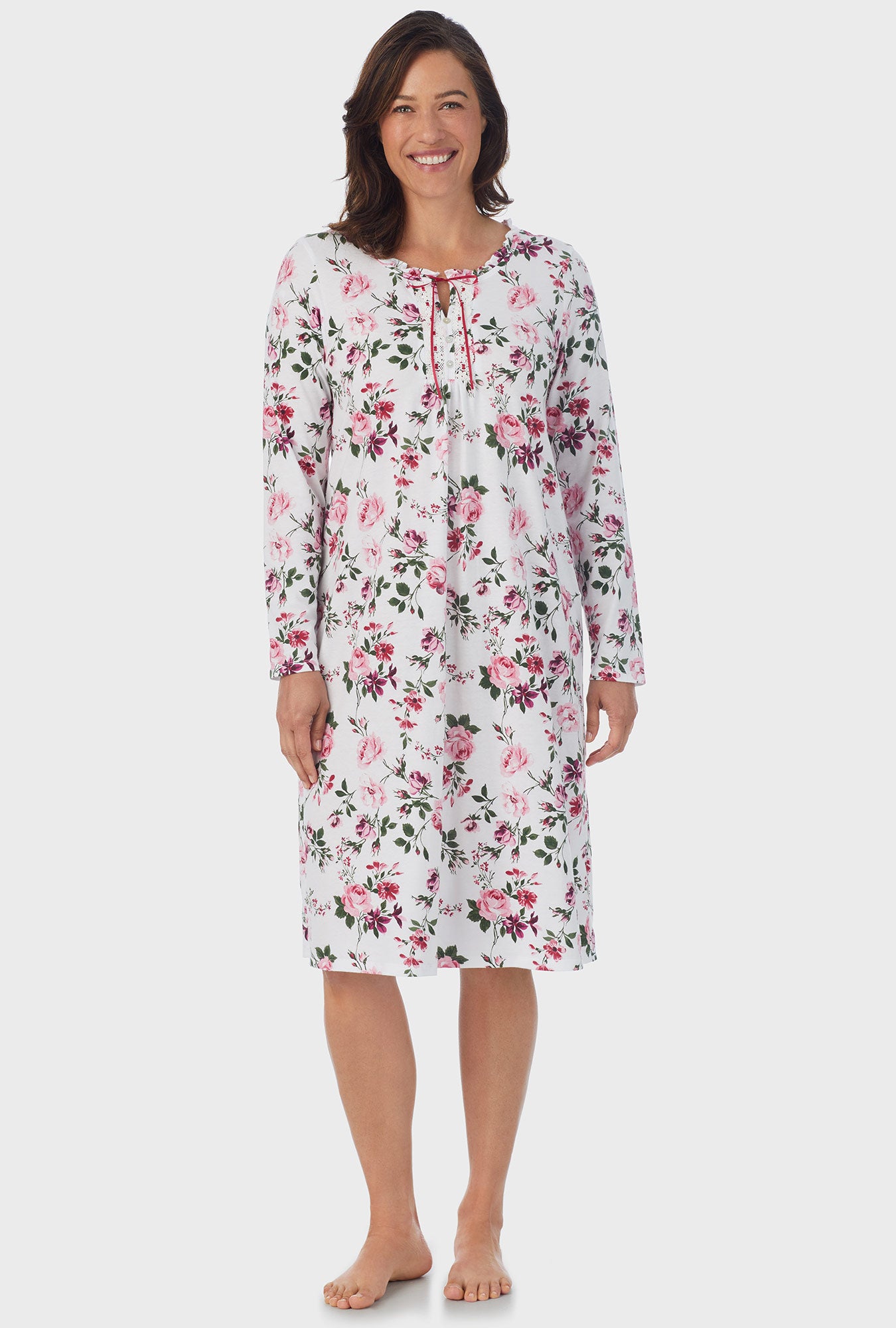 A lady wearing  Long Sleeve Midi Nightgown with Pink and Berry Roses   print