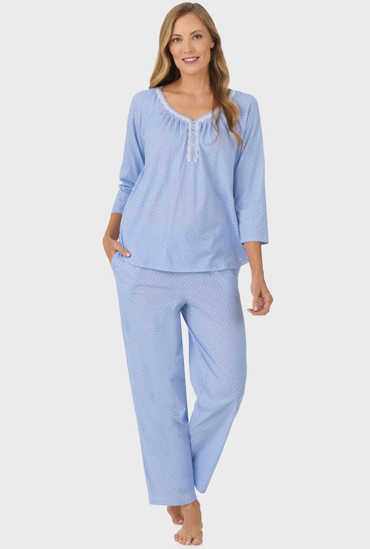 A lady wearing Sky Blue Dot 3/4 Sleeve Long Pant PJ Set