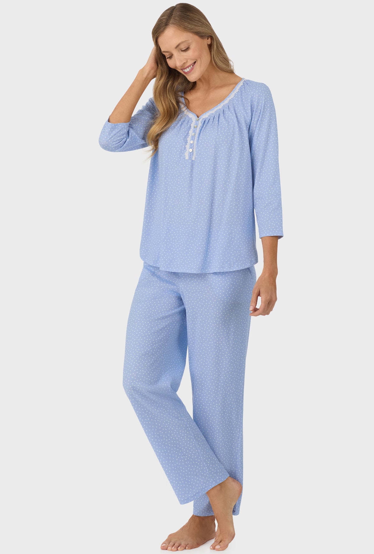 A lady wearing Sky Blue Dot 3/4 Sleeve Long Pant PJ Set