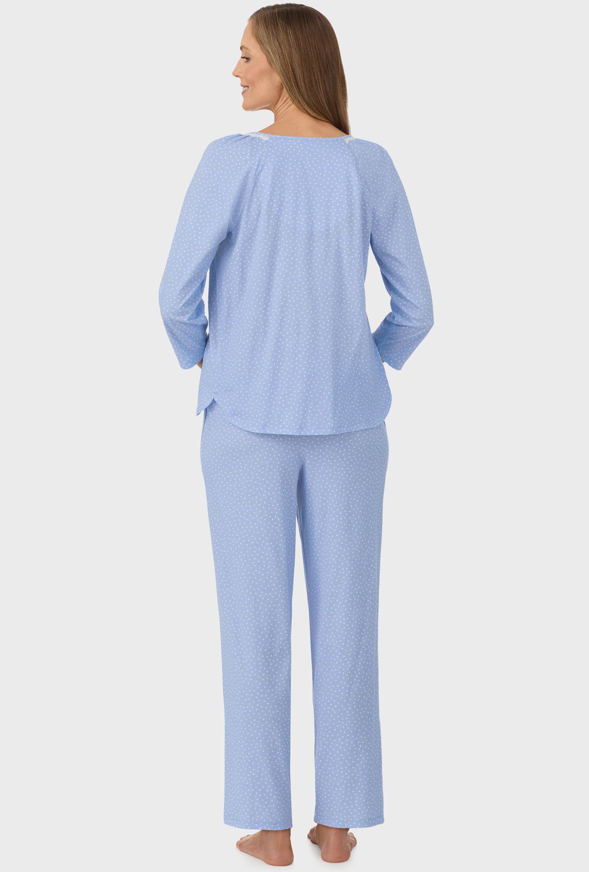 A lady wearing Sky Blue Dot 3/4 Sleeve Long Pant PJ Set