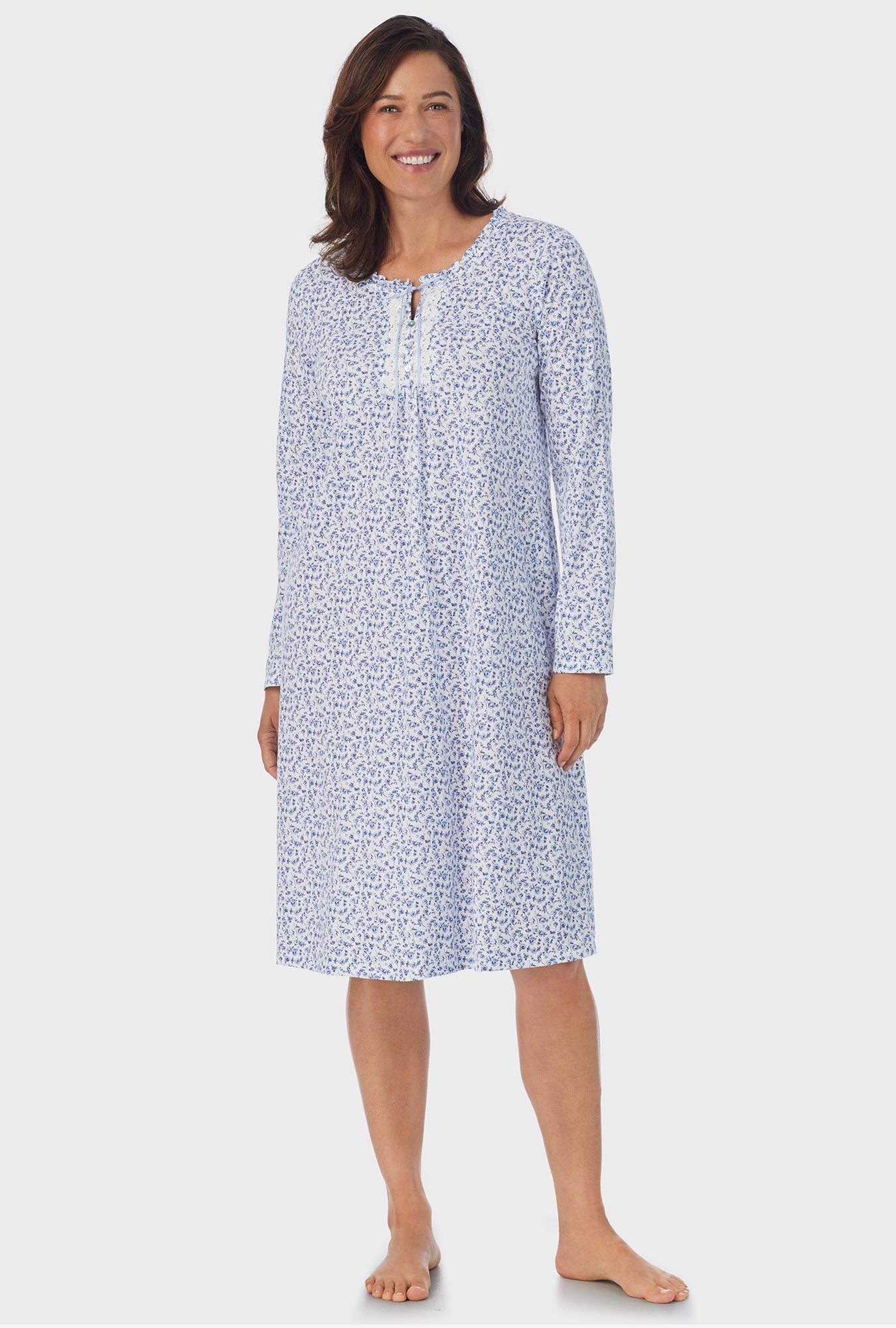 A lady wearing white Long Sleeve Midi Nightgown with Dusty Blue  print