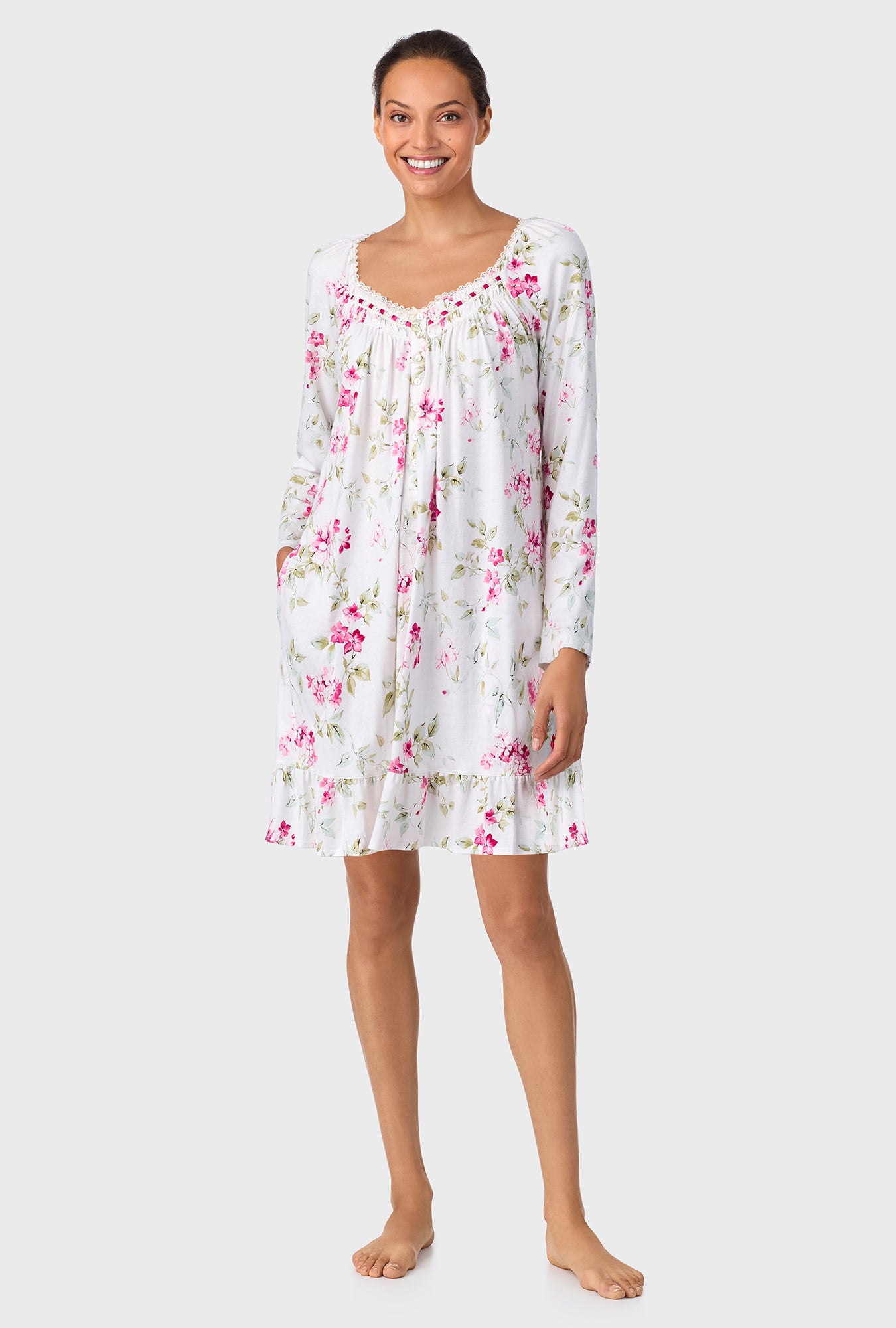 A lady wearing Evening Rose Trellis Short Long Sleeve Cotton Knit Nightgown