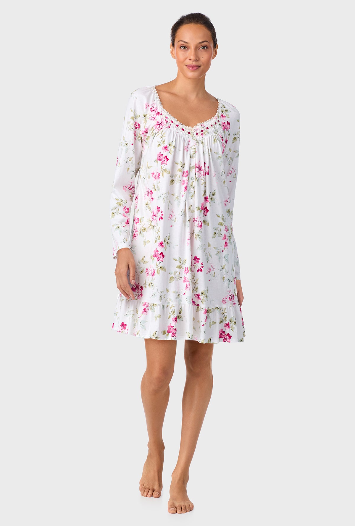 A lady wearing Evening Rose Trellis Short Long Sleeve Cotton Knit Nightgown