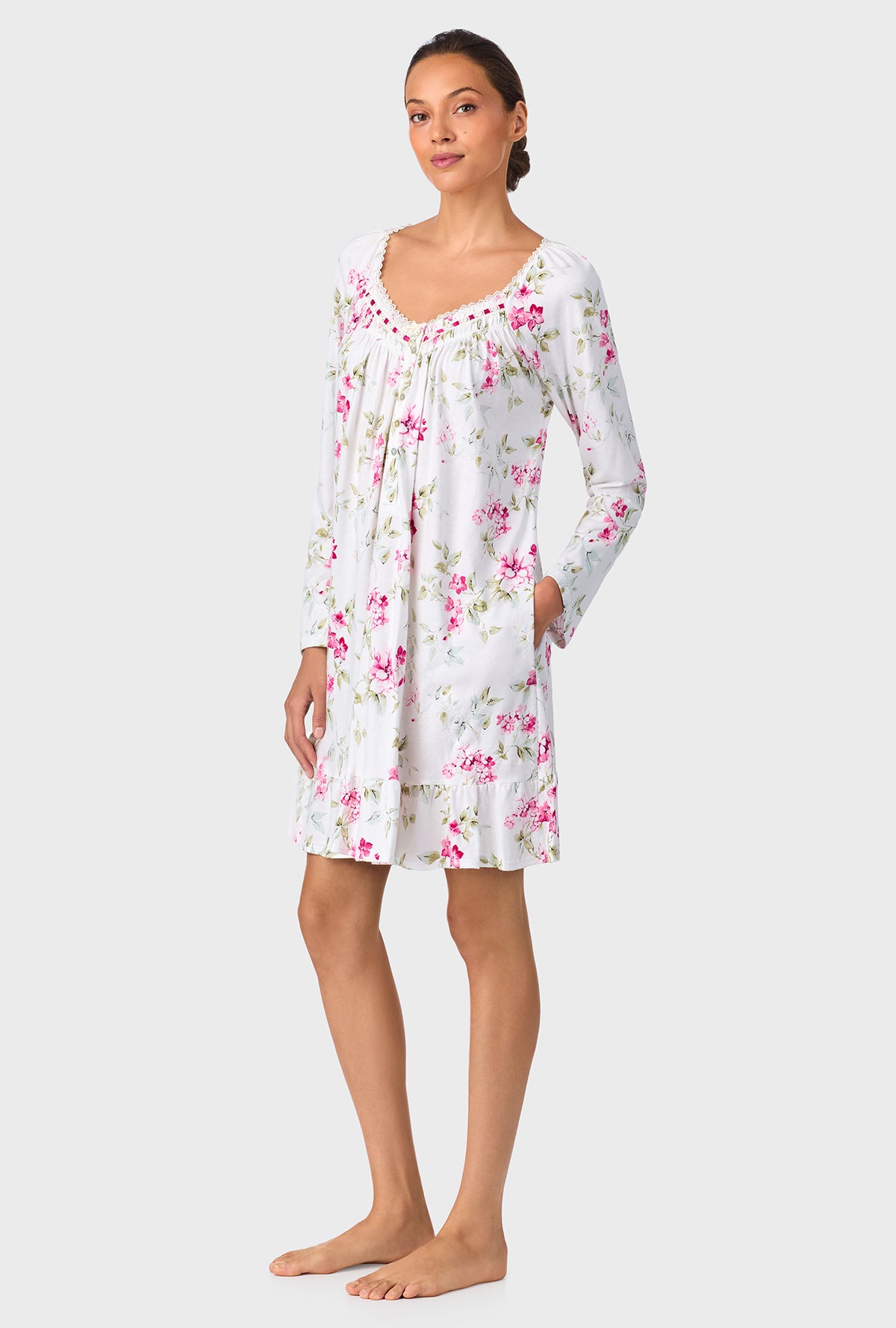 A lady wearing Evening Rose Trellis Short Long Sleeve Cotton Knit Nightgown