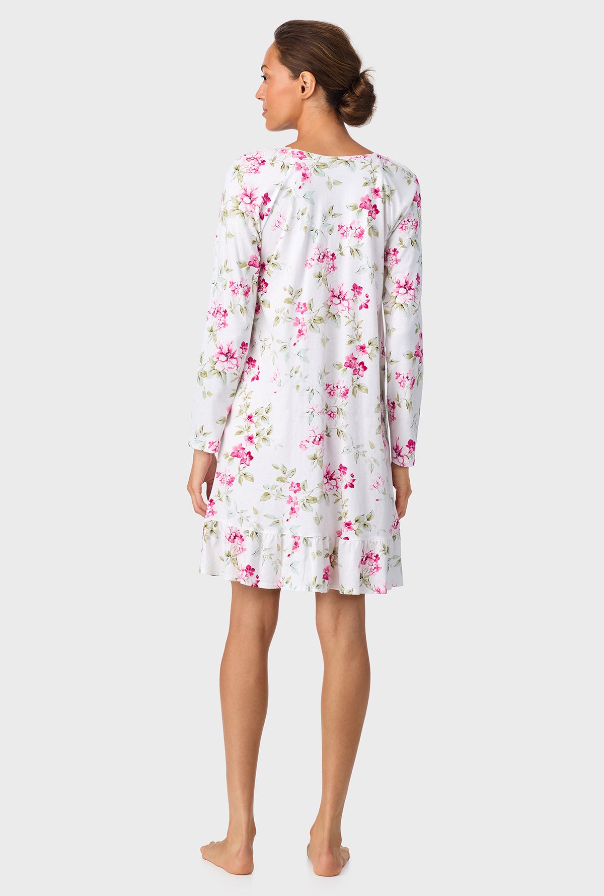 A lady wearing Evening Rose Trellis Short Long Sleeve Cotton Knit Nightgown