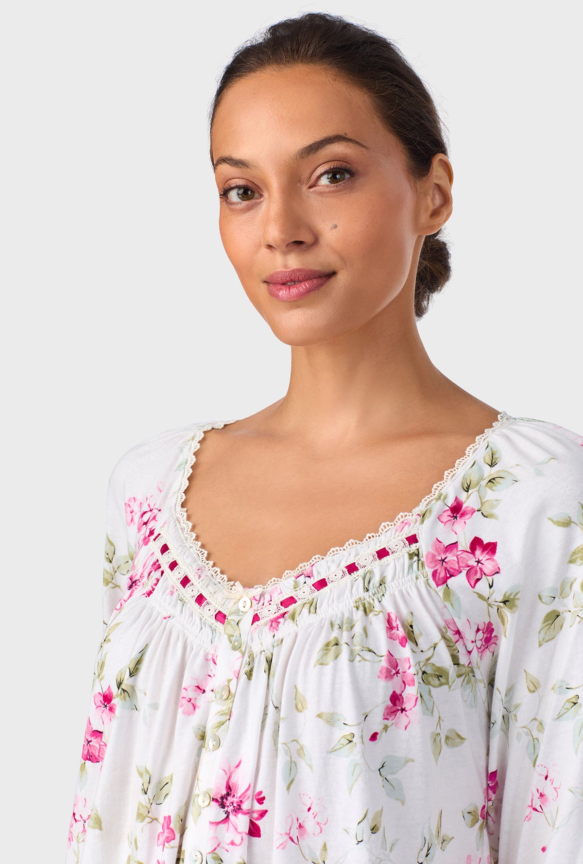 A lady wearing Evening Rose Trellis Short Long Sleeve Cotton Knit Nightgown
