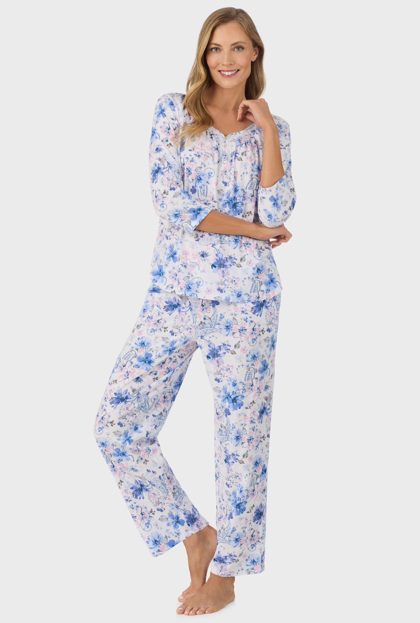 A lady wearing Blue and Blush Pink Paisley Floral  3/4 Sleeve Long Pant PJ Set