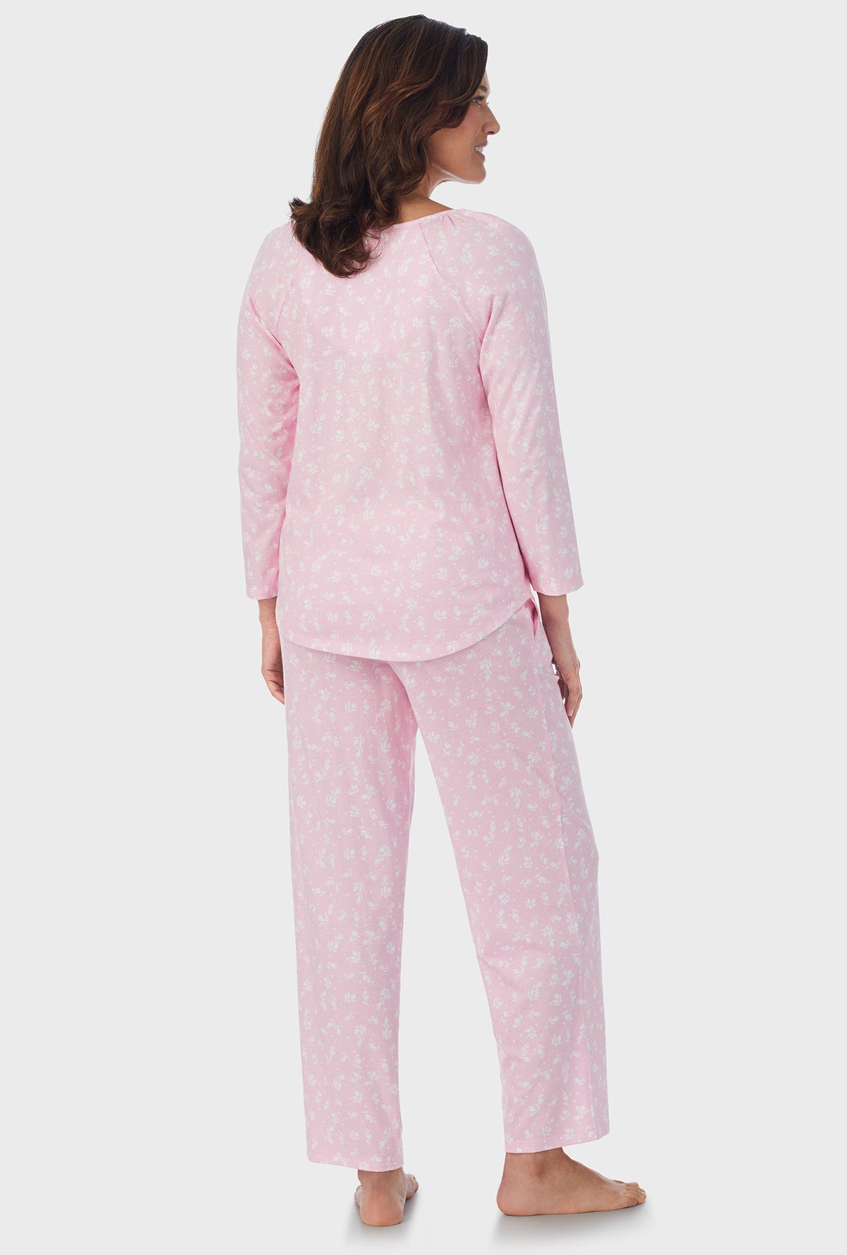 A lady wearing pink 3/4 Sleeve Long Pant PJ Set with White Rosebuds  print