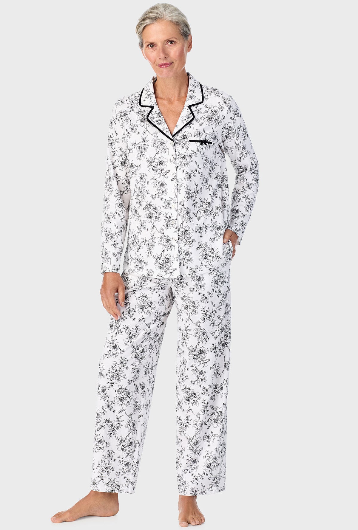 A lady wearing Ivory Floral Long Sleeve Long Pant PJ Set