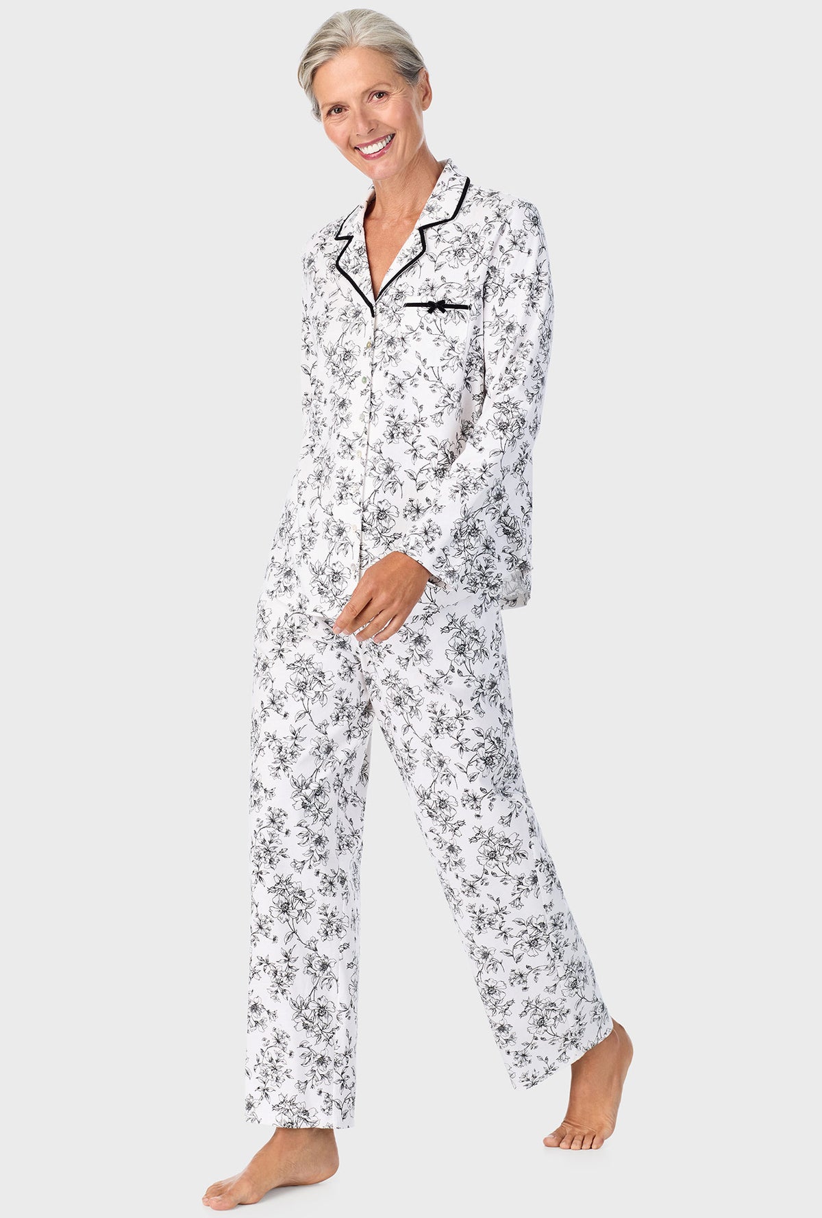 A lady wearing Ivory Floral Long Sleeve Long Pant PJ Set