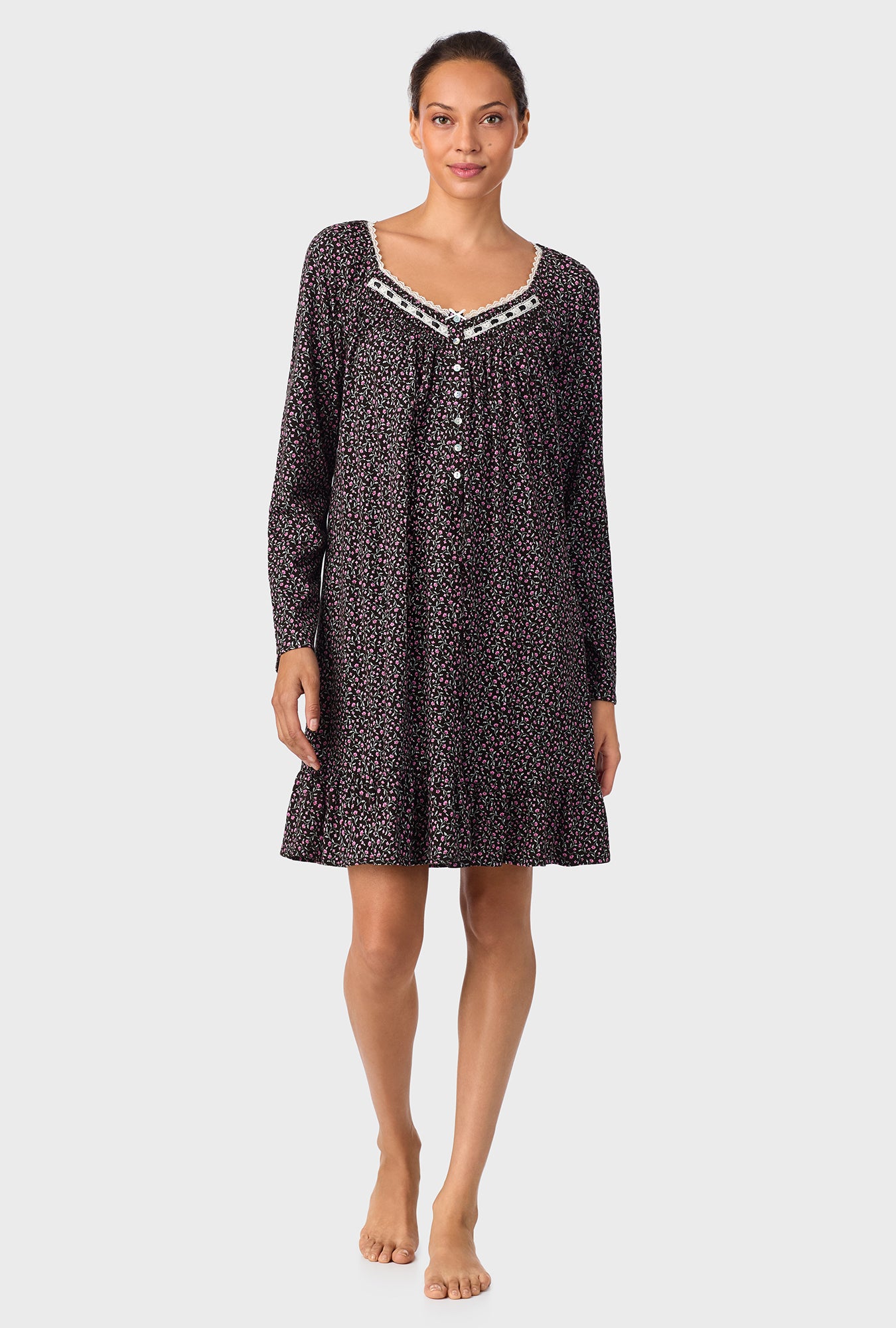 A lady wearing Midnight Floral Short Long Sleeve Cotton Knit Nightgown